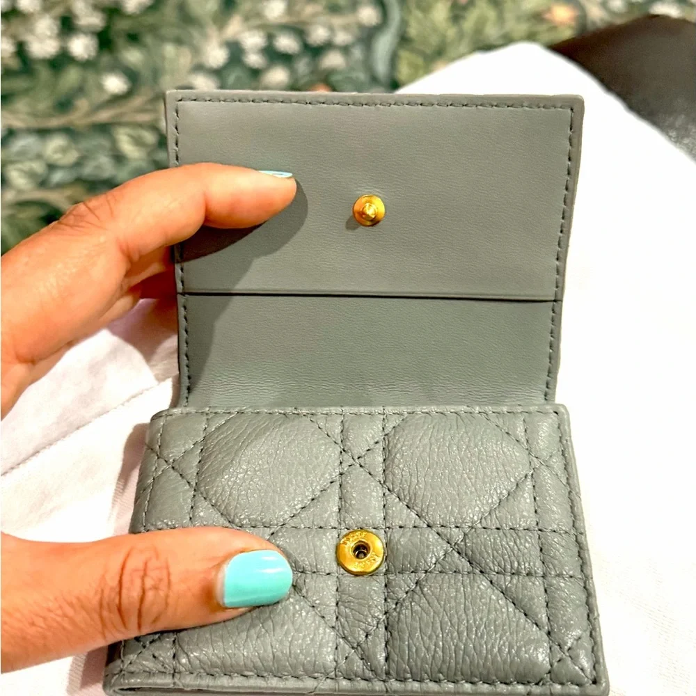 Dior Caro glycine foldable card holder limited edition in grey w/gold hardware.